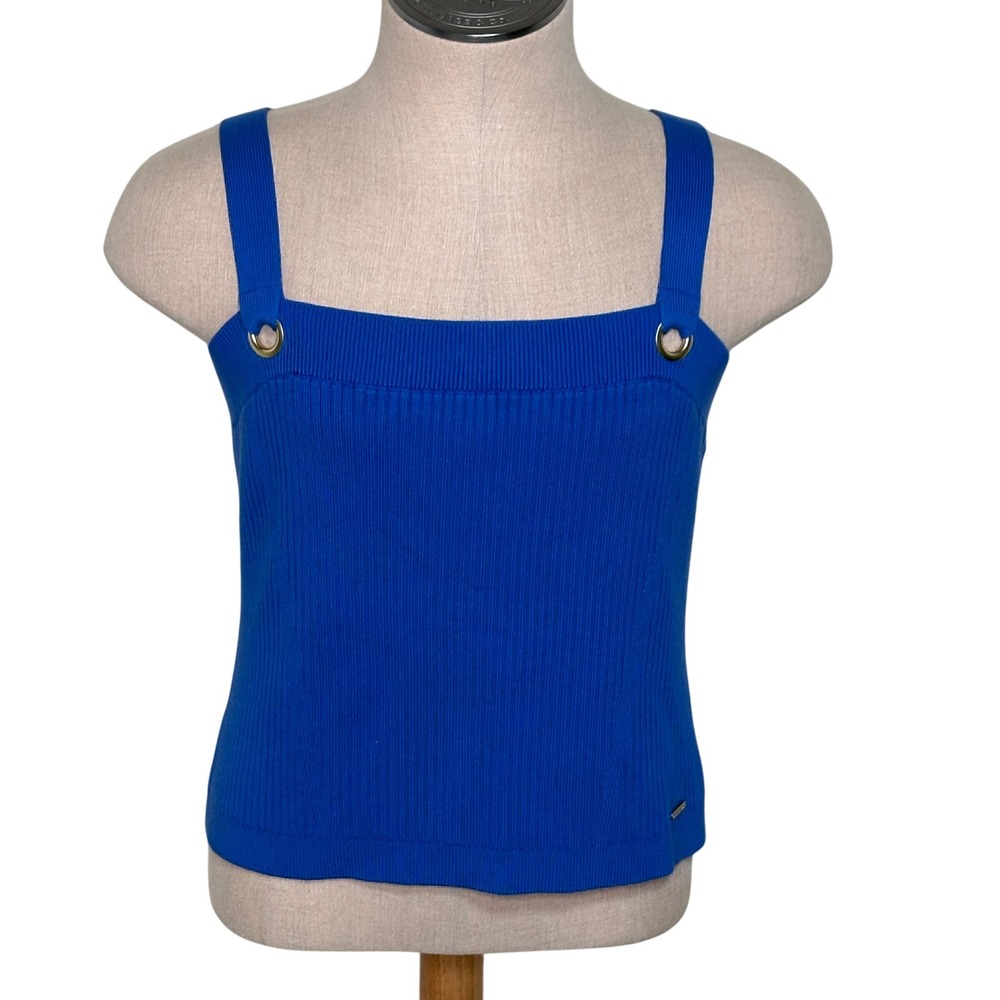 Nautica XXL Royal Blue‎ Ribbed Knit Tank Top Sleeveless Square Neck Gold Detail
